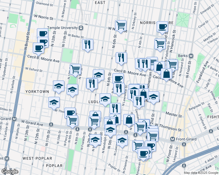 map of restaurants, bars, coffee shops, grocery stores, and more near 1602 North Randolph Street in Philadelphia