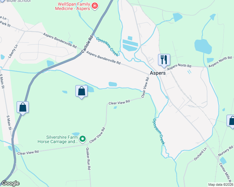 map of restaurants, bars, coffee shops, grocery stores, and more near 1 Clear View Road in Aspers