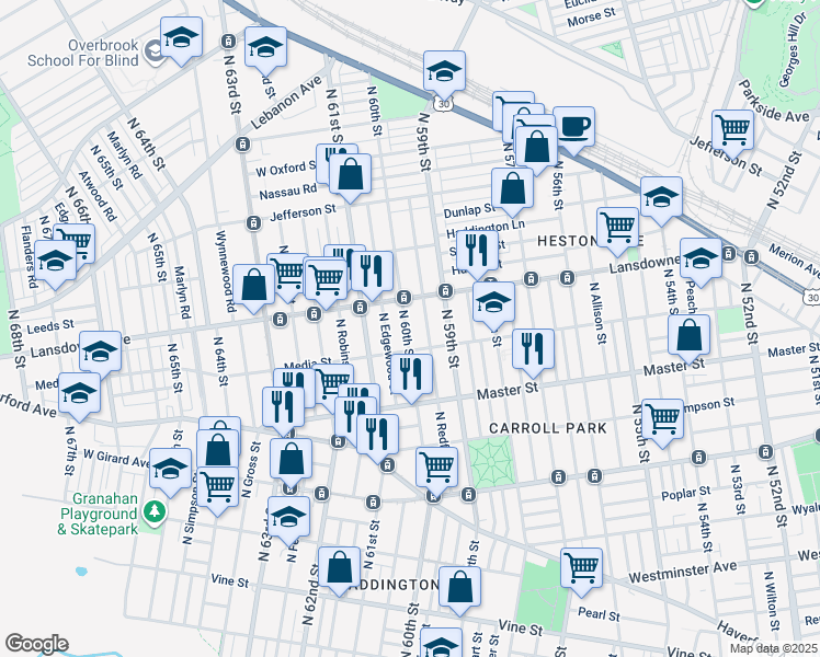 map of restaurants, bars, coffee shops, grocery stores, and more near 1529 North 60th Street in Philadelphia