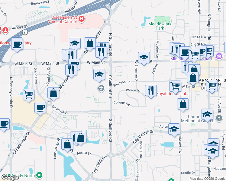 map of restaurants, bars, coffee shops, grocery stores, and more near 307 South Guilford Road in Carmel