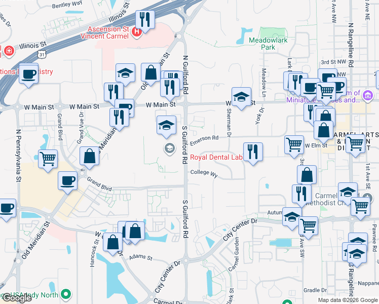 map of restaurants, bars, coffee shops, grocery stores, and more near 307 South Guilford Road in Carmel