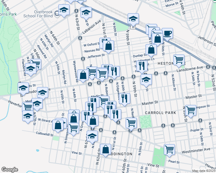 map of restaurants, bars, coffee shops, grocery stores, and more near 1537 North Robinson Street in Philadelphia