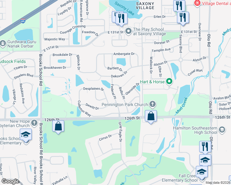 map of restaurants, bars, coffee shops, grocery stores, and more near 12783 Federal Place in Fishers