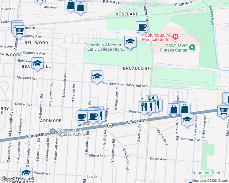 map of restaurants, bars, coffee shops, grocery stores, and more near 165 North Virginialee Road in Columbus