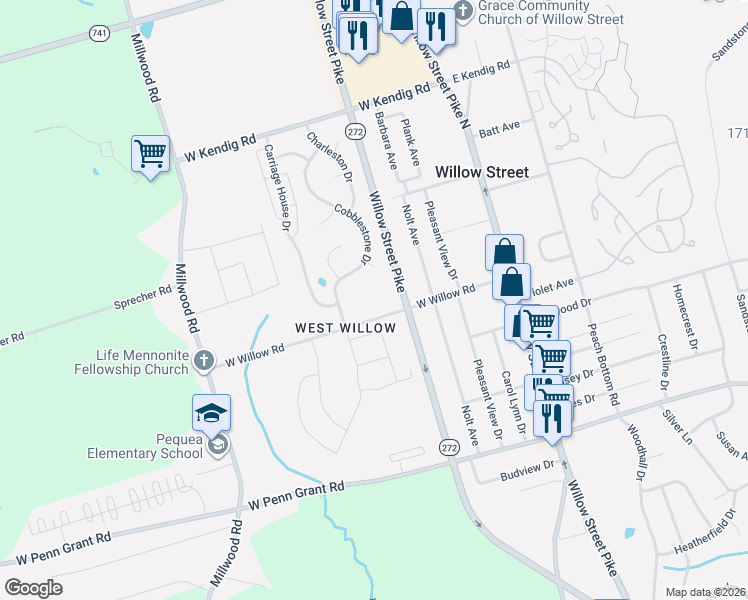 map of restaurants, bars, coffee shops, grocery stores, and more near 75 West Willow Road in Willow Street