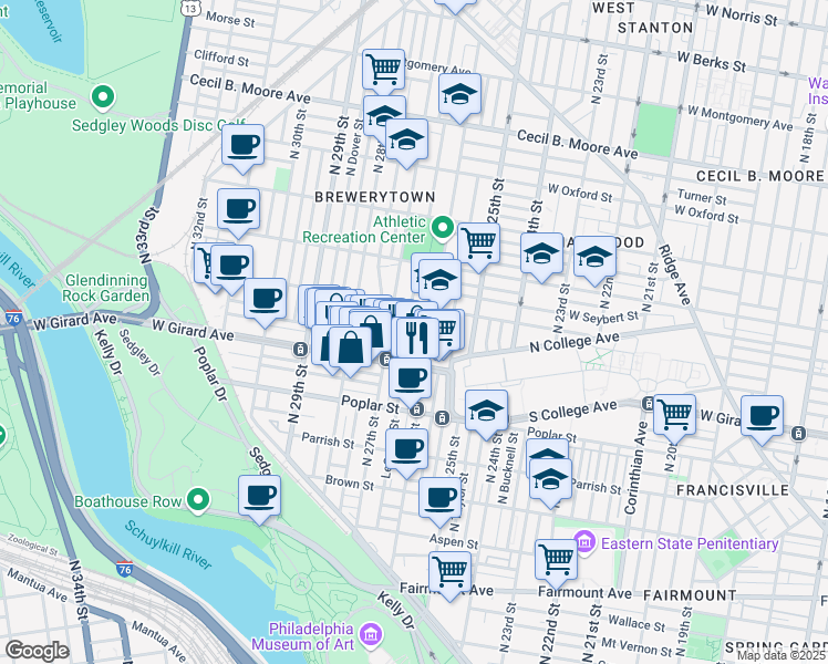 map of restaurants, bars, coffee shops, grocery stores, and more near 1237 North 27th Street in Philadelphia