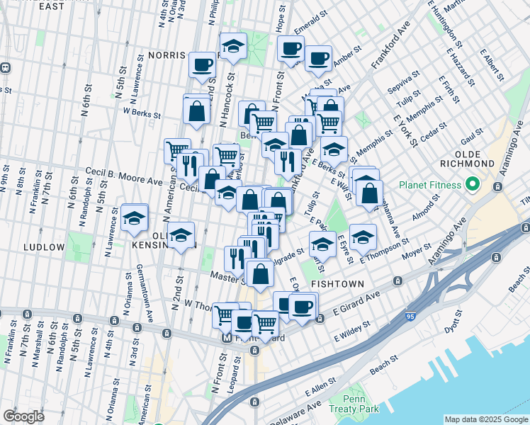 map of restaurants, bars, coffee shops, grocery stores, and more near 21 East Columbia Avenue in Philadelphia