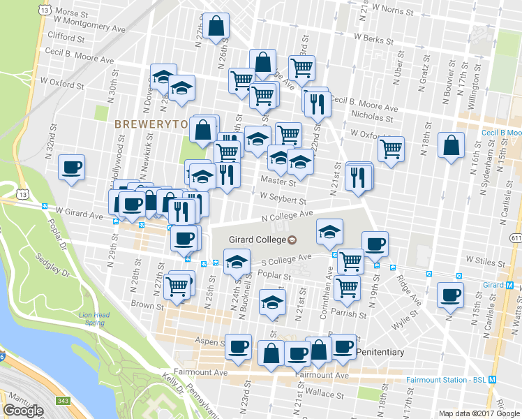 map of restaurants, bars, coffee shops, grocery stores, and more near 2332 West Thompson Street in Philadelphia