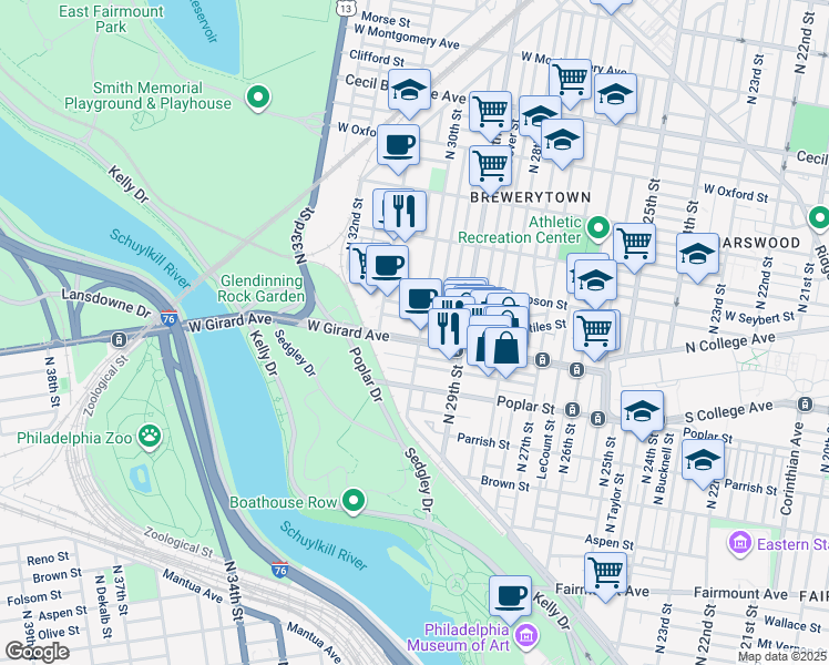 map of restaurants, bars, coffee shops, grocery stores, and more near 3005 West Girard Avenue in Philadelphia