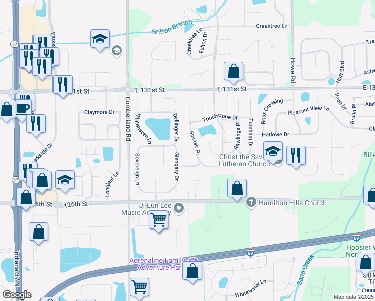 map of restaurants, bars, coffee shops, grocery stores, and more near 10022 Sanger Drive in Fishers