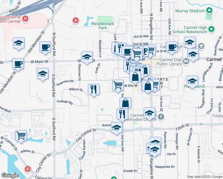 map of restaurants, bars, coffee shops, grocery stores, and more near 400 Industrial Drive in Carmel