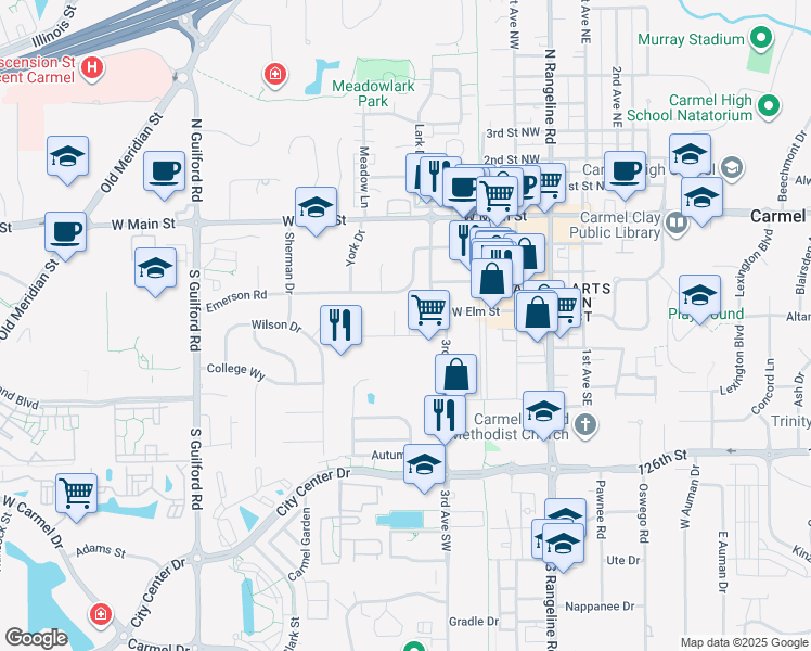 map of restaurants, bars, coffee shops, grocery stores, and more near 400 Industrial Drive in Carmel