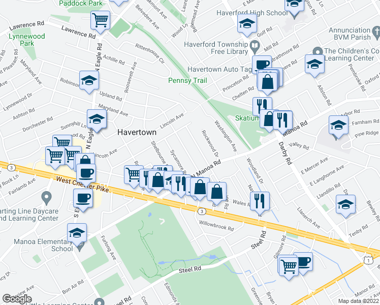 map of restaurants, bars, coffee shops, grocery stores, and more near 135 Upland Road in Havertown