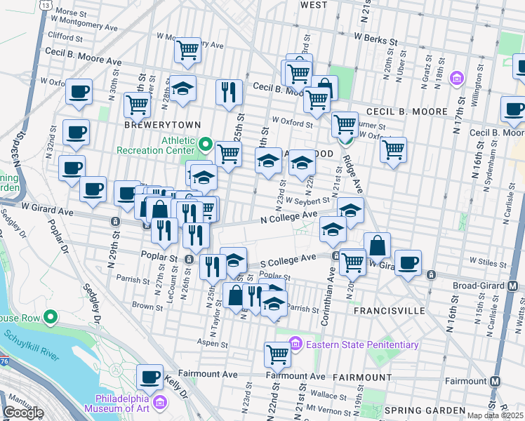 map of restaurants, bars, coffee shops, grocery stores, and more near 1260 North 23rd Street in Philadelphia