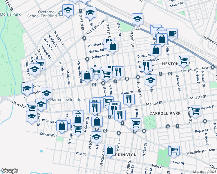 map of restaurants, bars, coffee shops, grocery stores, and more near 1540 North Robinson Street in Philadelphia
