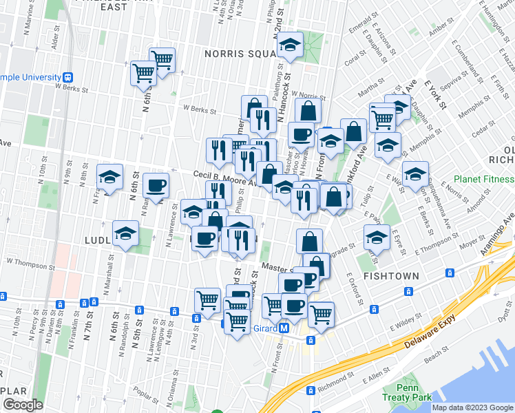 map of restaurants, bars, coffee shops, grocery stores, and more near 175 West Oxford Street in Philadelphia
