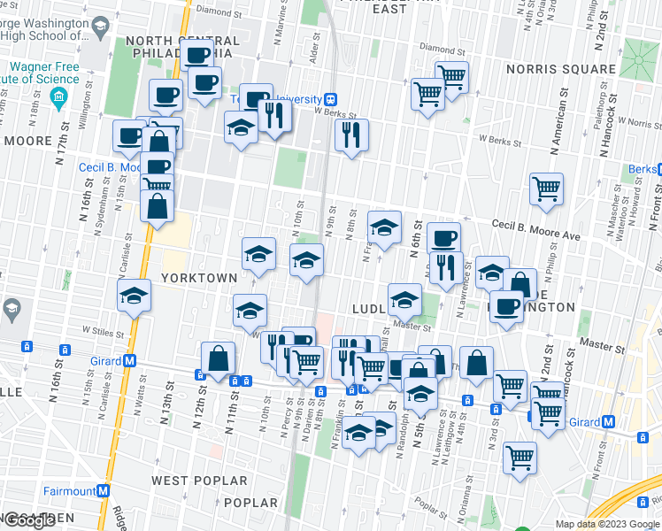 map of restaurants, bars, coffee shops, grocery stores, and more near 1510 North Darien Street in Philadelphia