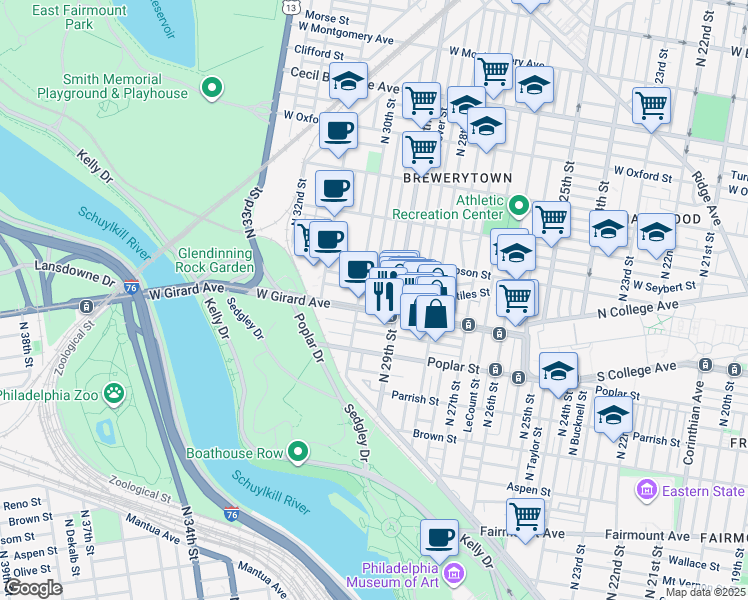 map of restaurants, bars, coffee shops, grocery stores, and more near 2932 West Flora Street in Philadelphia