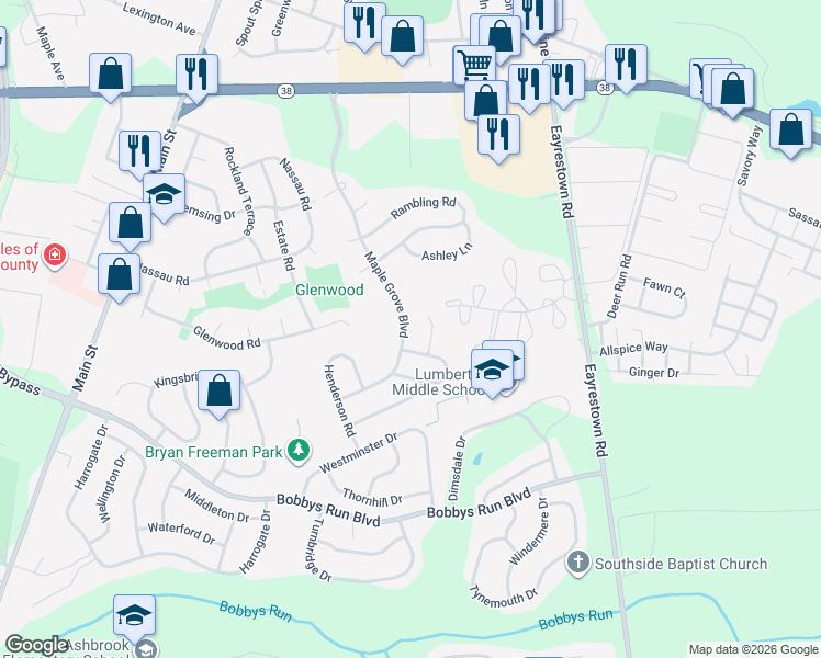 map of restaurants, bars, coffee shops, grocery stores, and more near 400 Maple Grove Boulevard in Lumberton