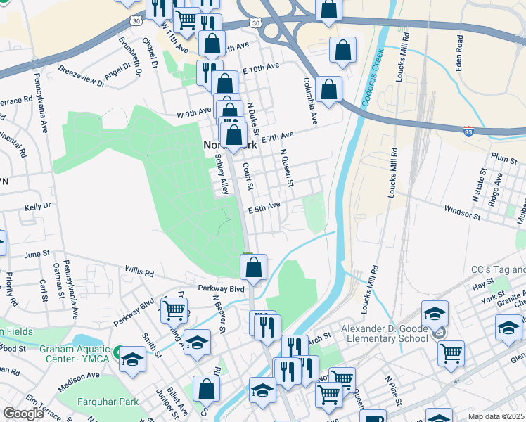 map of restaurants, bars, coffee shops, grocery stores, and more near 835 Latimer Street in York