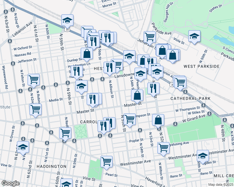 map of restaurants, bars, coffee shops, grocery stores, and more near 5549 Media Street in Philadelphia