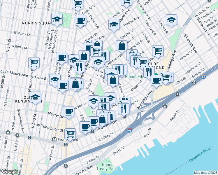 map of restaurants, bars, coffee shops, grocery stores, and more near 625 Miller Street in Philadelphia