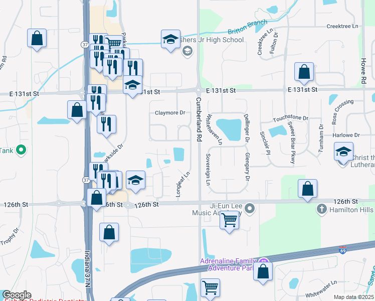 map of restaurants, bars, coffee shops, grocery stores, and more near 12882 Longleaf Lane in Fishers