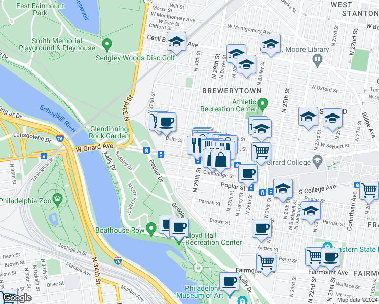 map of restaurants, bars, coffee shops, grocery stores, and more near 2932 West Flora Street in Philadelphia
