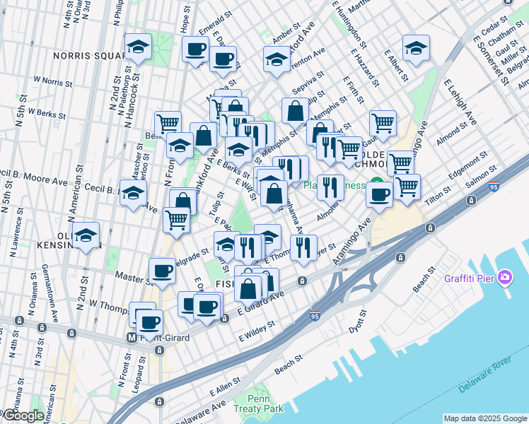 map of restaurants, bars, coffee shops, grocery stores, and more near 625 Miller Street in Philadelphia