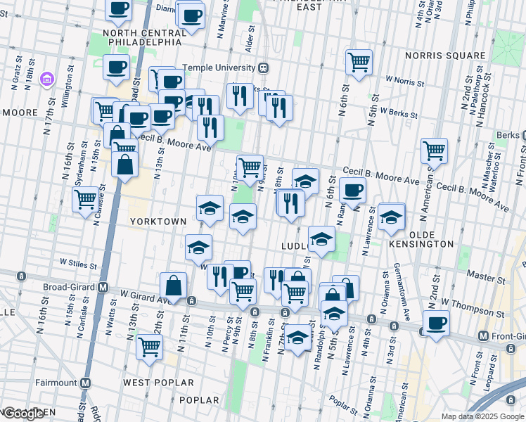 map of restaurants, bars, coffee shops, grocery stores, and more near 1510 North Darien Street in Philadelphia
