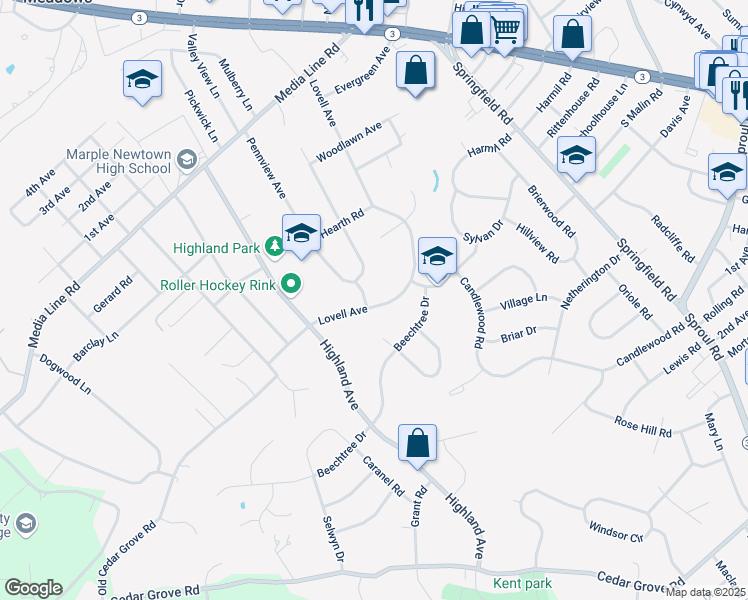 map of restaurants, bars, coffee shops, grocery stores, and more near 2875 Pennview Avenue in Broomall