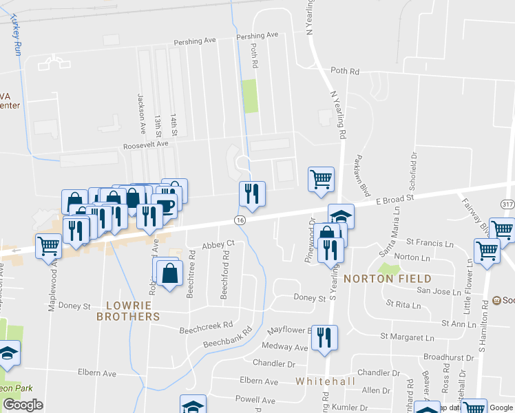 map of restaurants, bars, coffee shops, grocery stores, and more near 4210 E Broad St in Columbus