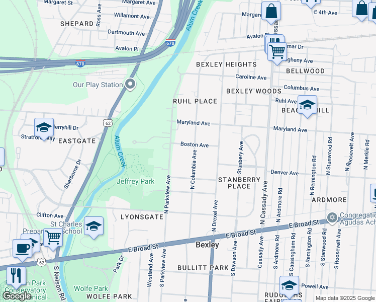 map of restaurants, bars, coffee shops, grocery stores, and more near 271 North Columbia Avenue in Columbus
