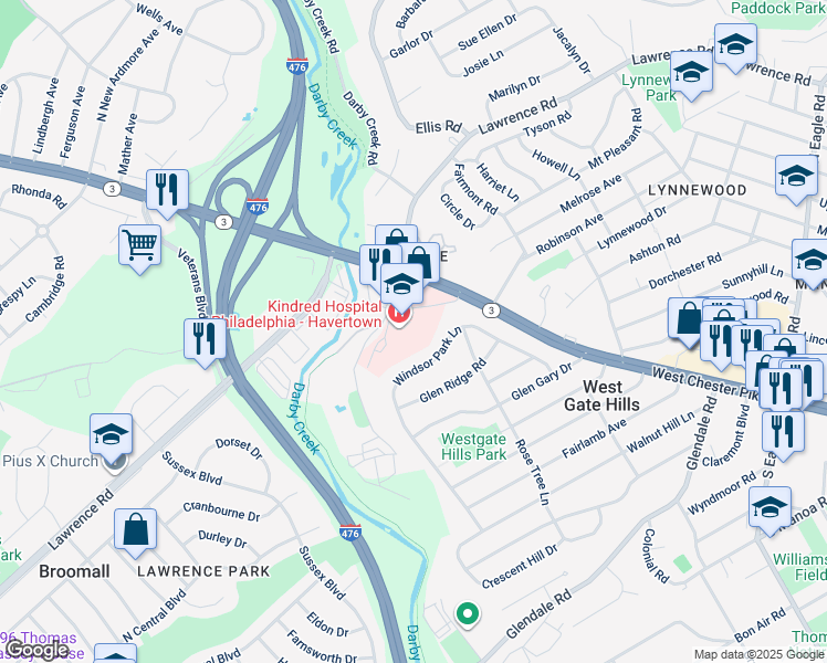 map of restaurants, bars, coffee shops, grocery stores, and more near 2001 Old West Chester Pike in Havertown