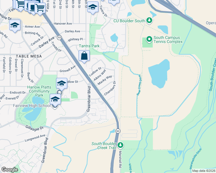 map of restaurants, bars, coffee shops, grocery stores, and more near 1290 Aikins Way in Boulder