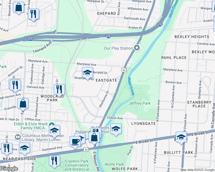 map of restaurants, bars, coffee shops, grocery stores, and more near 333 Sherborne Drive in Columbus