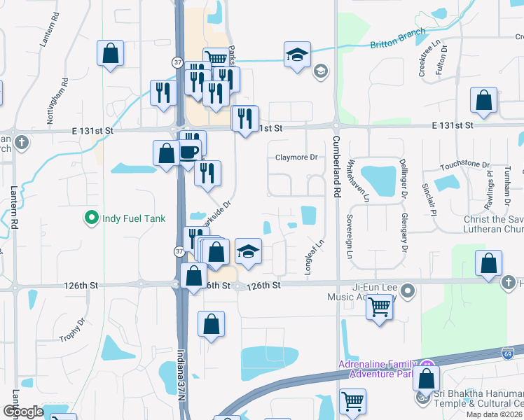 map of restaurants, bars, coffee shops, grocery stores, and more near 9548 Meeting Street in Fishers