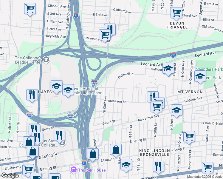 map of restaurants, bars, coffee shops, grocery stores, and more near 506 Saint Clair Avenue in Columbus