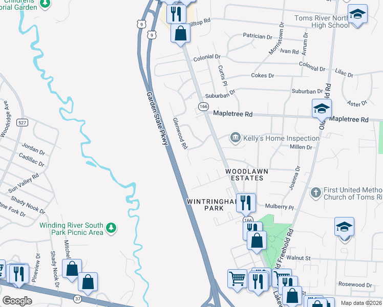 map of restaurants, bars, coffee shops, grocery stores, and more near 13 Glenwood Road in Toms River