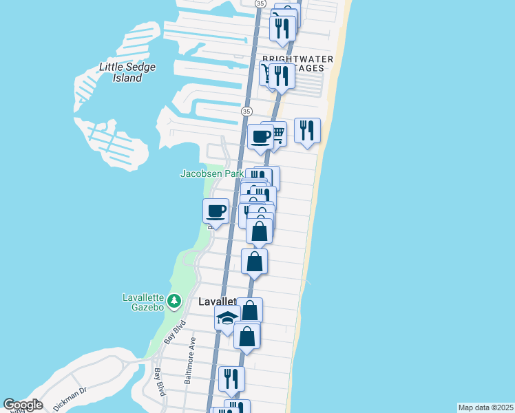 map of restaurants, bars, coffee shops, grocery stores, and more near 406 Grand Central Avenue in Lavallette