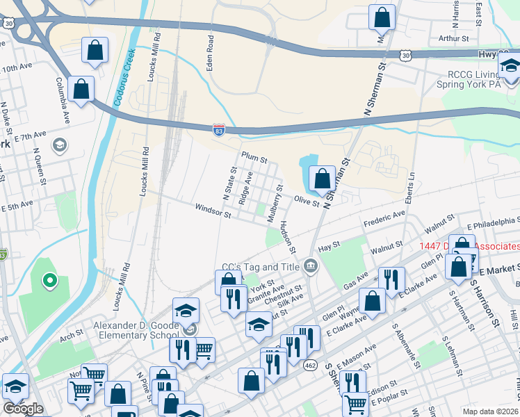map of restaurants, bars, coffee shops, grocery stores, and more near 623 North Franklin Street in York