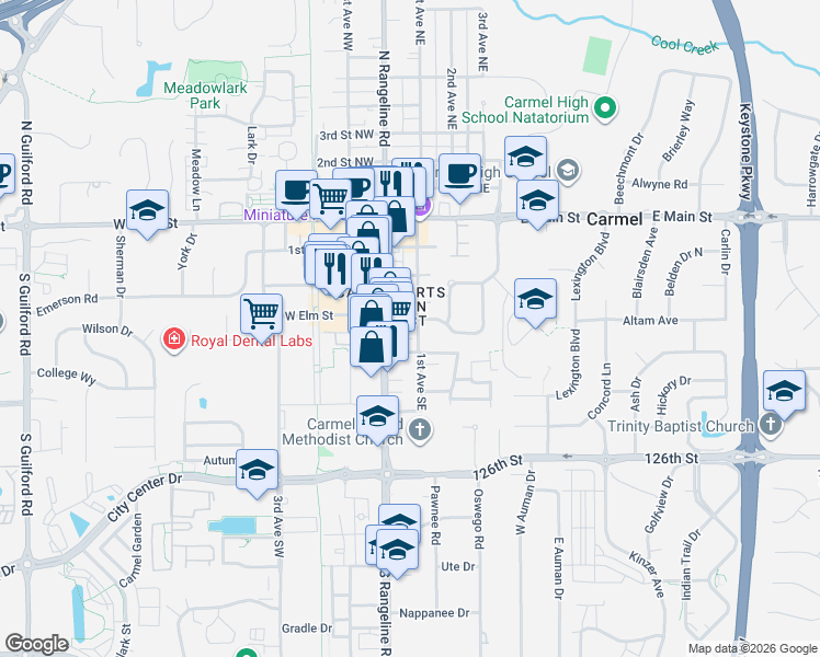 map of restaurants, bars, coffee shops, grocery stores, and more near 427 1st Avenue Southeast in Carmel