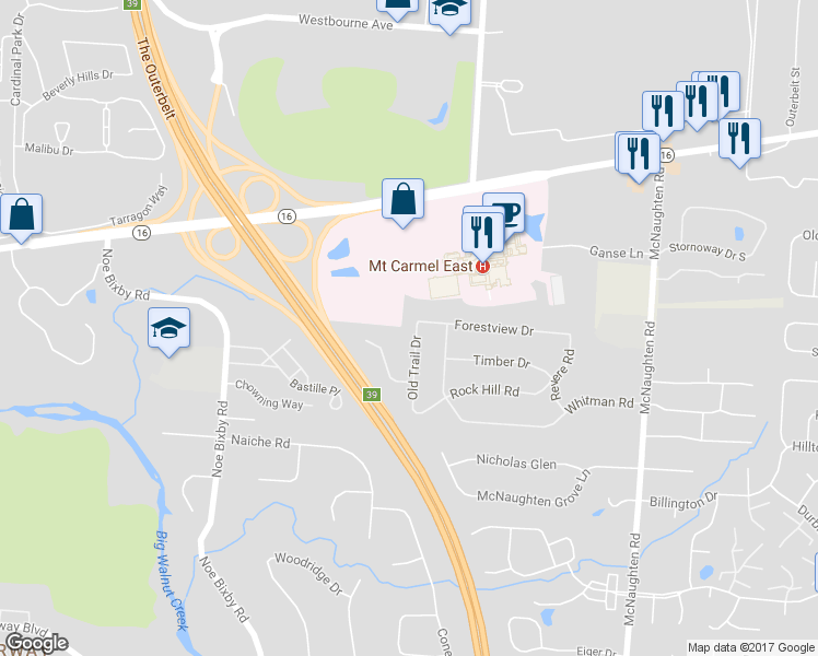 map of restaurants, bars, coffee shops, grocery stores, and more near 197 Old Trail Drive in Columbus