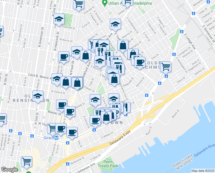map of restaurants, bars, coffee shops, grocery stores, and more near 610 Gaul Street in Philadelphia