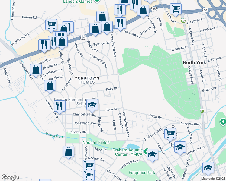 map of restaurants, bars, coffee shops, grocery stores, and more near 712 Kelly Drive in York