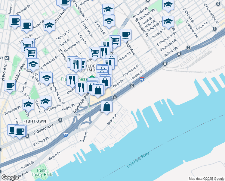 map of restaurants, bars, coffee shops, grocery stores, and more near 2721 East Cumberland Street in Philadelphia