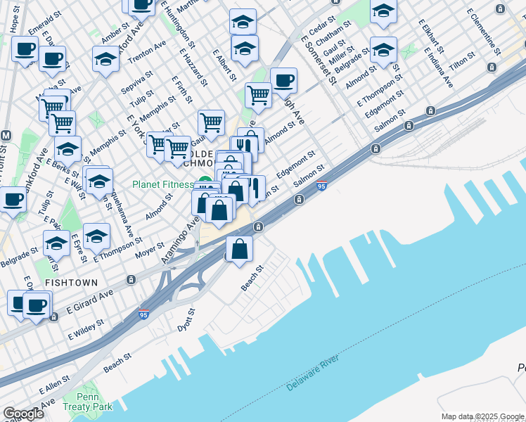 map of restaurants, bars, coffee shops, grocery stores, and more near 2515 Salmon Street in Philadelphia