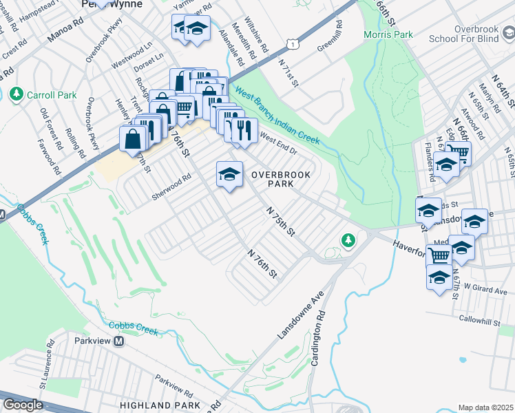 map of restaurants, bars, coffee shops, grocery stores, and more near 7507 Woodcrest Avenue in Philadelphia