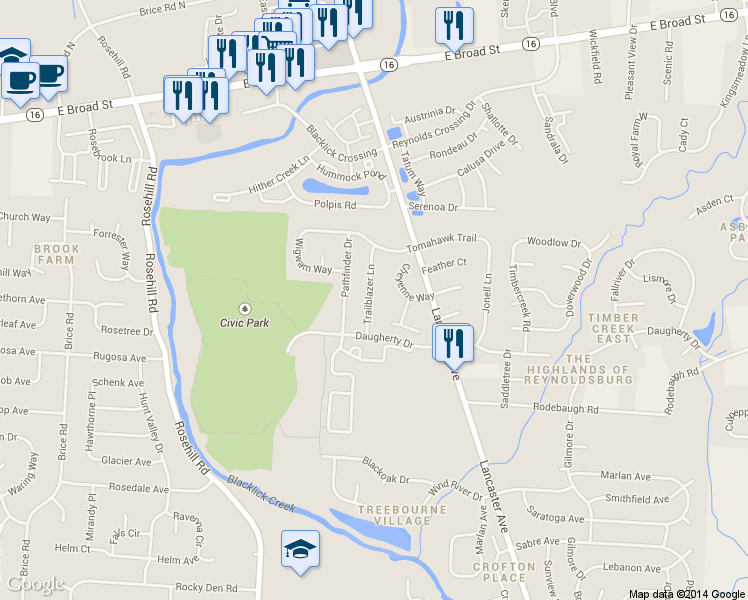 map of restaurants, bars, coffee shops, grocery stores, and more near 378 Trailblazer Ln in Reynoldsburg