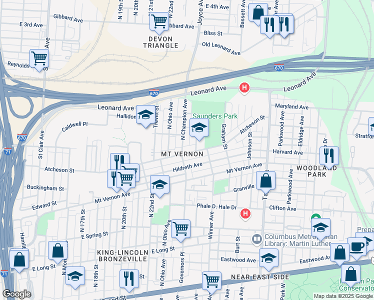 map of restaurants, bars, coffee shops, grocery stores, and more near 1294 Atcheson Street in Columbus